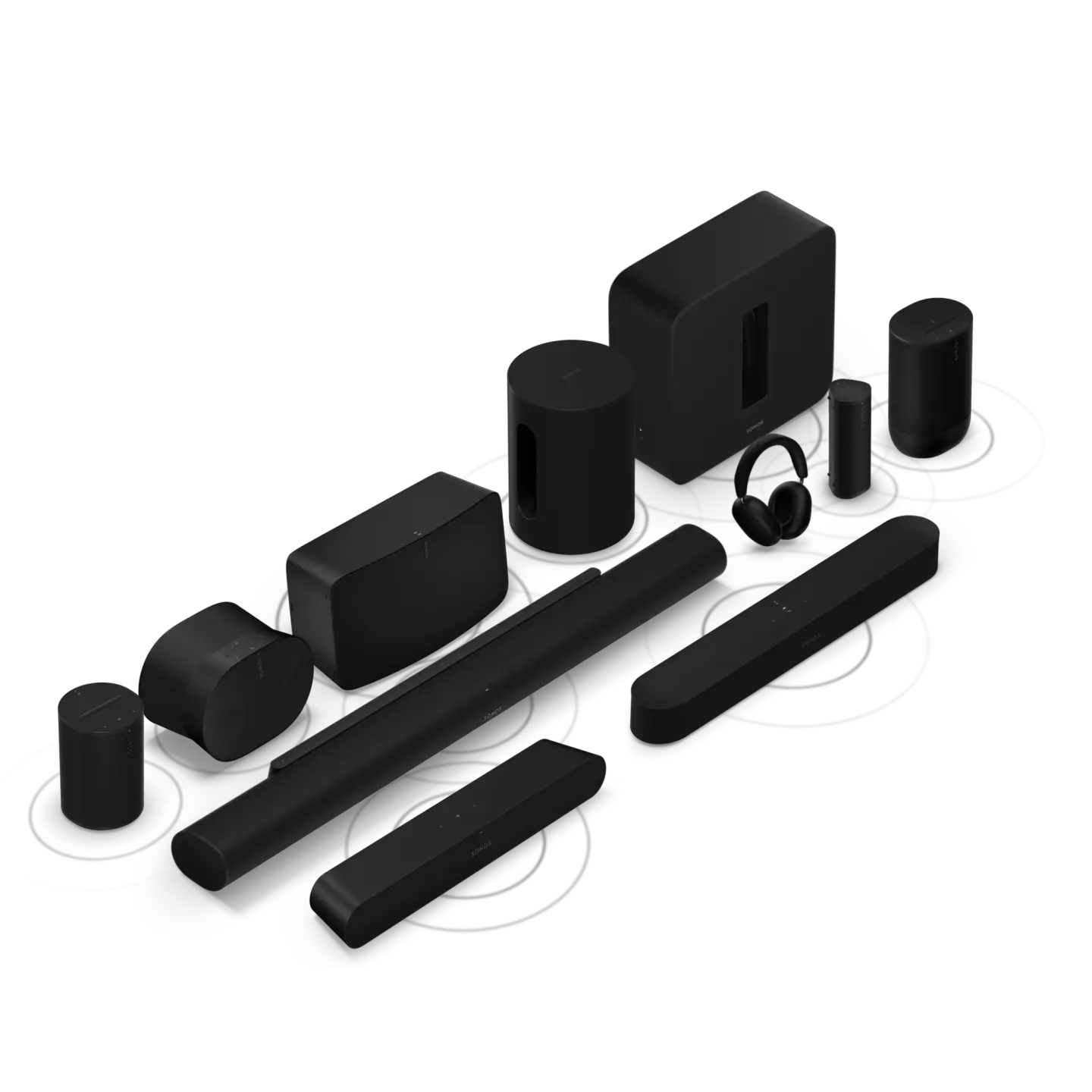 Full range of Sonos products, including soundbars, speakers and headphones.