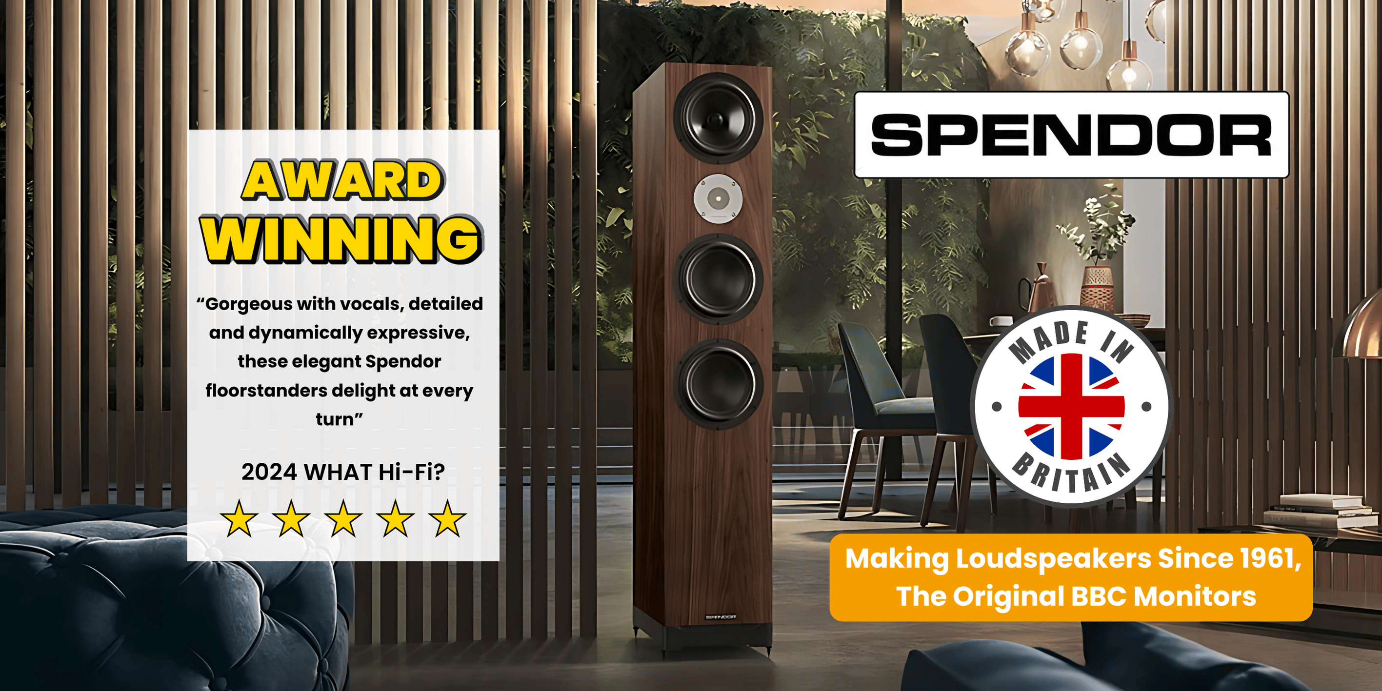 Spendor floorstanding loudspeaker showcased by By Bespoke, available Australia wide from www.bybespoke.com.au. High-performance British-made audio speaker with detailed and dynamic vocals, featured in a modern living room with wooden slat walls and greenery. Trusted by audiophiles, rated 5 stars in 2024 What Hi-Fi? review. Shop premium loudspeakers and custom audio solutions at By Bespoke Australia.